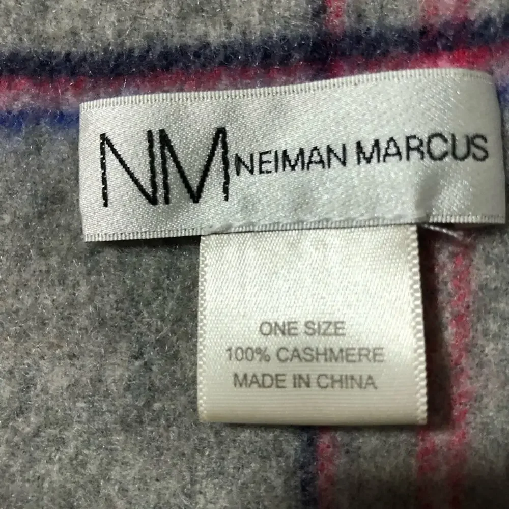 Neumann Marcus cashmere plaid grey purple pink fringe scarf 11.5”x56”